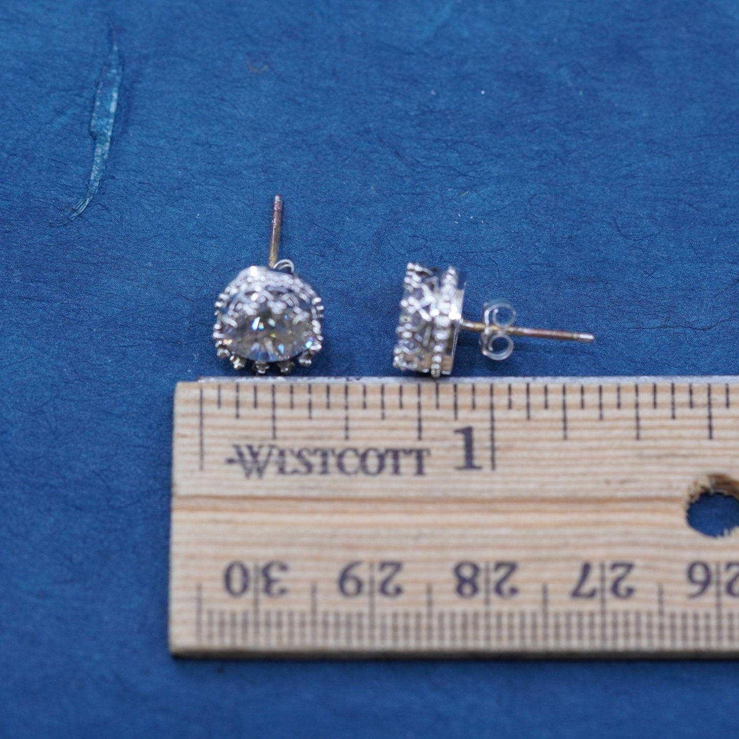 Vintage sterling silver handmade earrings, 925 studs with CZ inlay