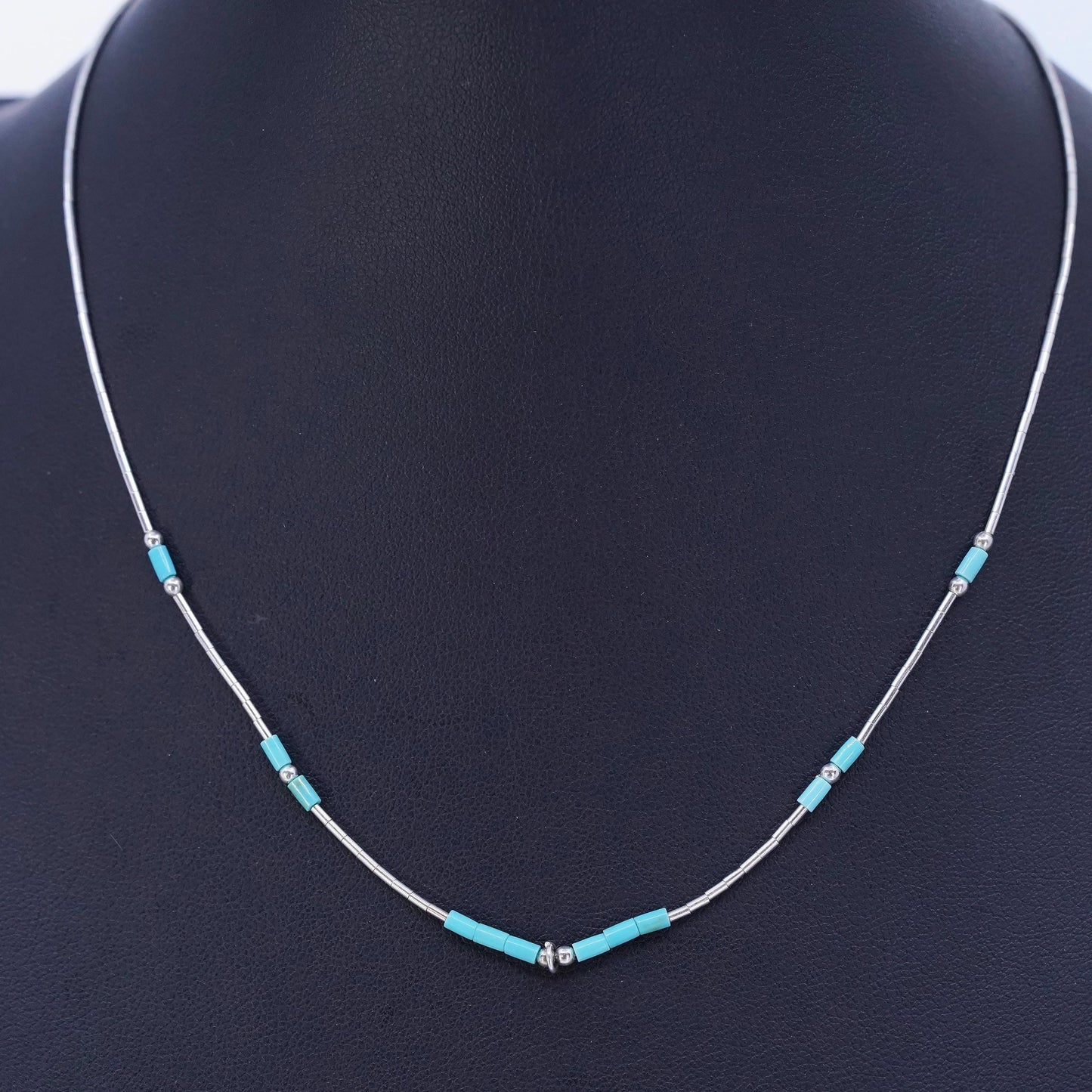 16”, Native American Sterling 925 liquid silver necklace with turquoise beads
