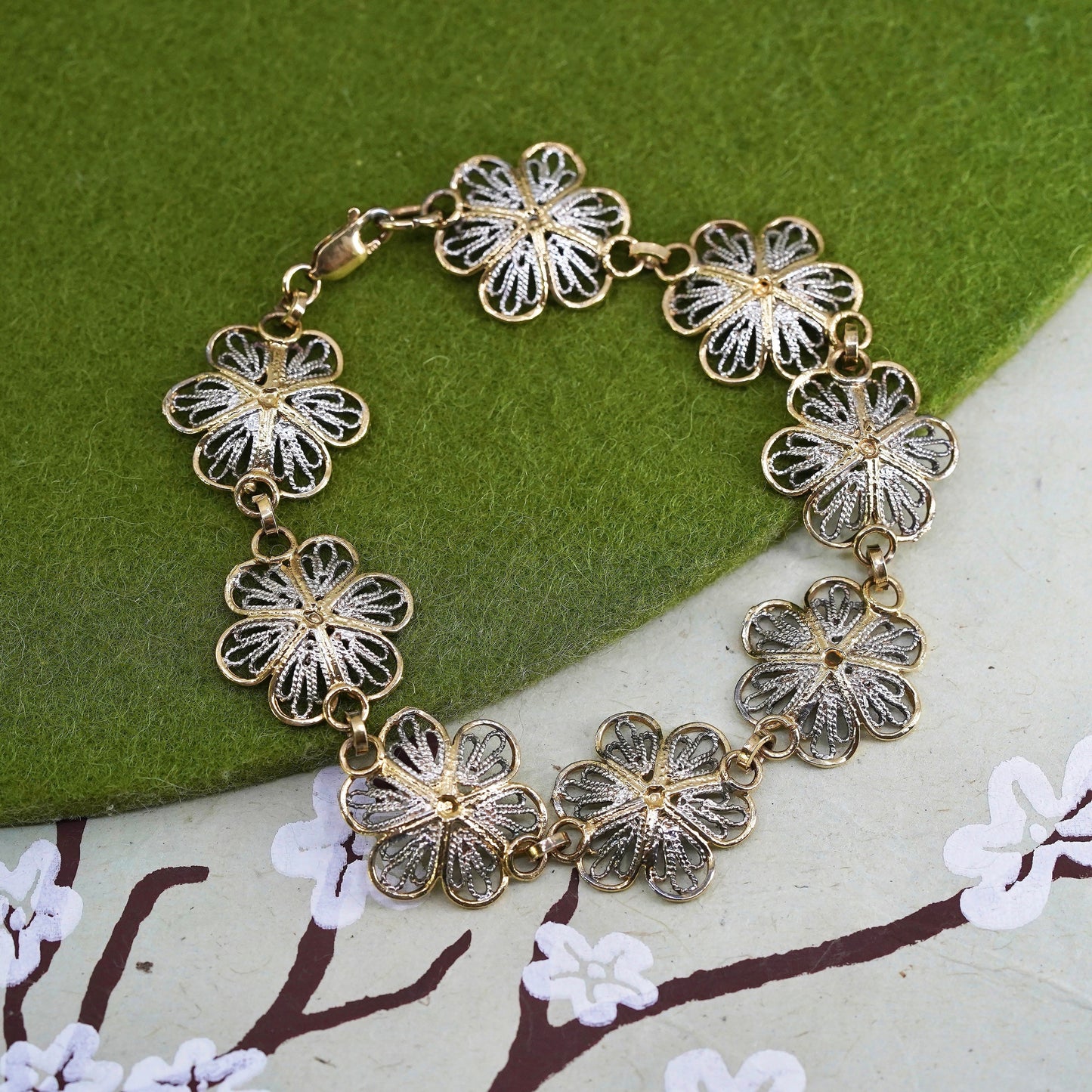 7", Italian sterling silver handmade bracelet, 925 filigree flower link chain