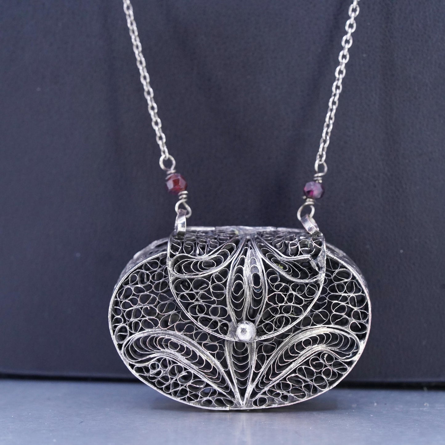 32", Sterling 925 silver necklace filigree purse bag pocket locket pendant