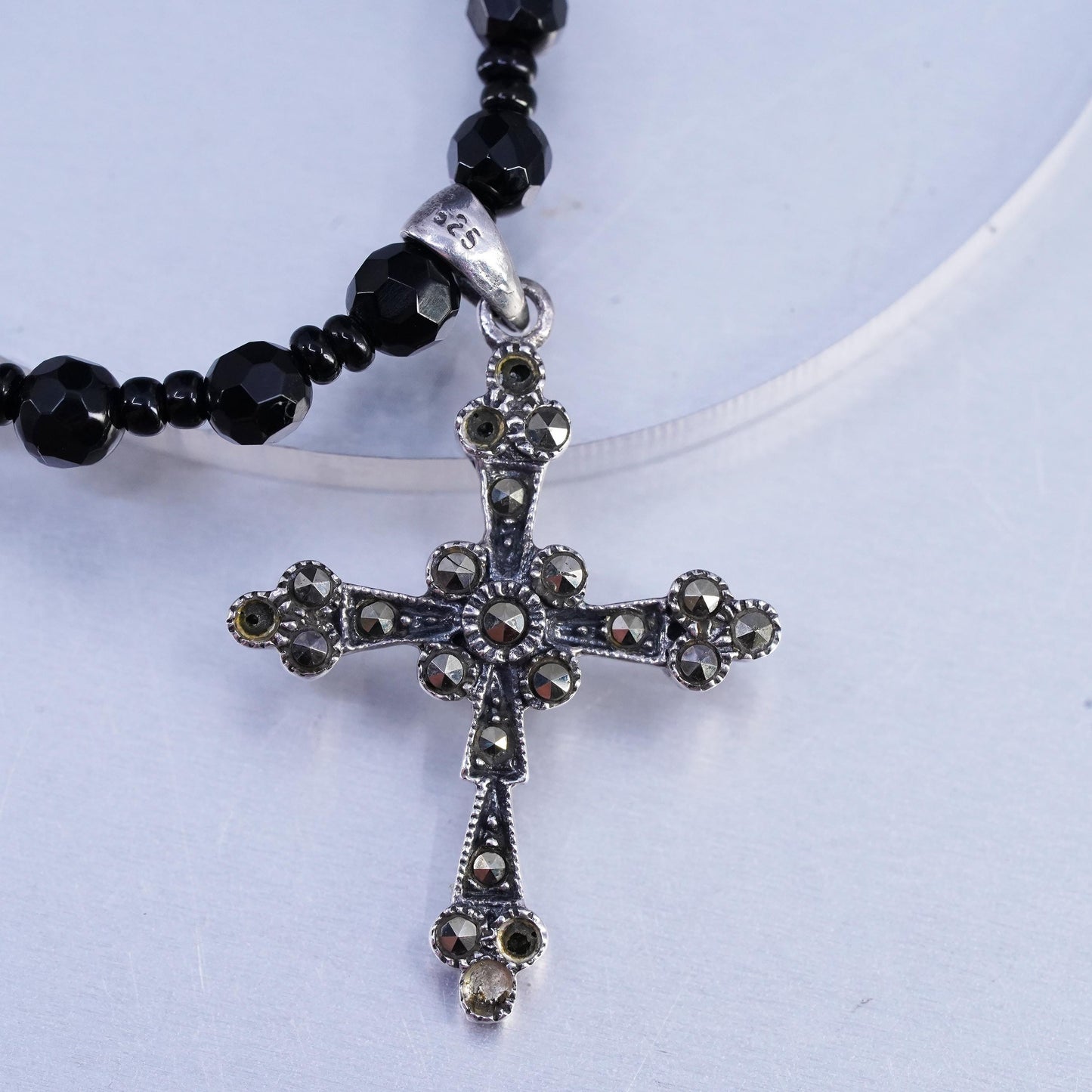 16", vintage Sterling 925 silver necklace with obsidian beads, cross pendant