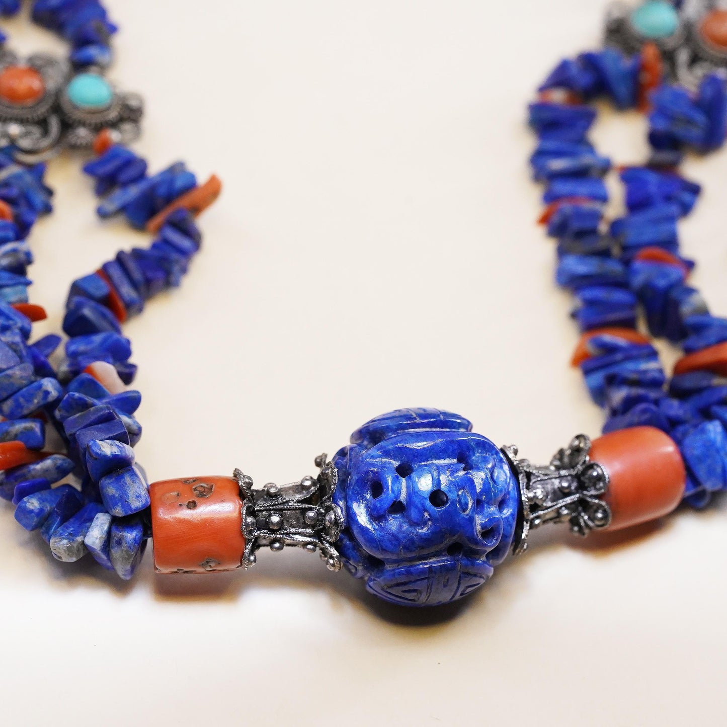 24", Native American Sterling Silver 925 Lapis Lazuli Turquoise Coral Necklace