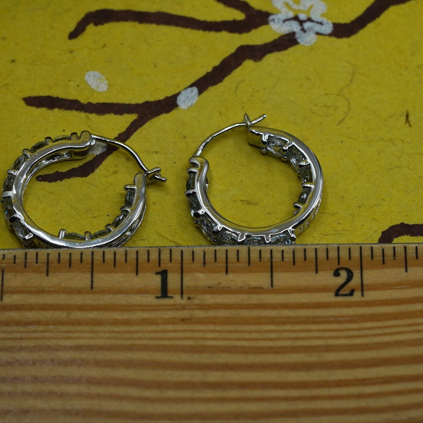 0.75", vintage HT Sterling silver huggie earrings, 925 hoops with blue crystal