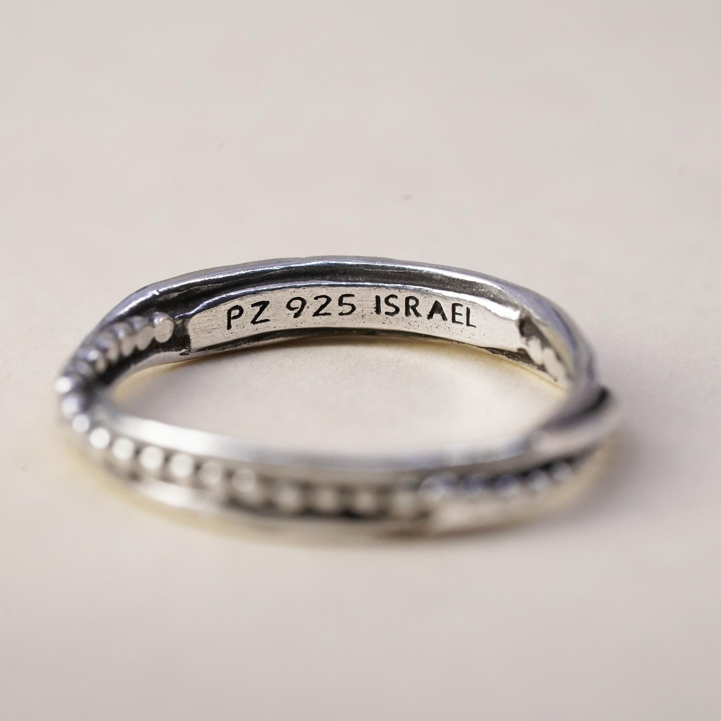 Size 8.25, Israel Pz Or Paz Sterling silver ring, 925 thin band floral texture