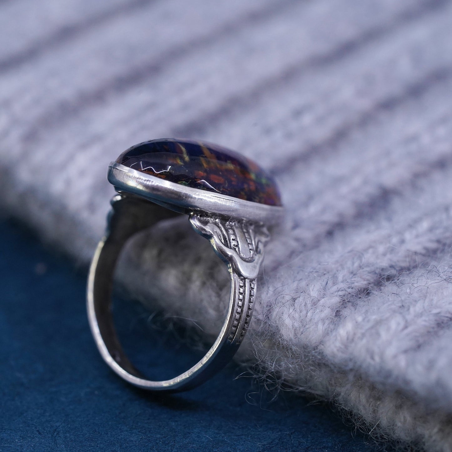 Size 3.5, Mexico Sterling 925 silver handmade ring with golden foiled glass