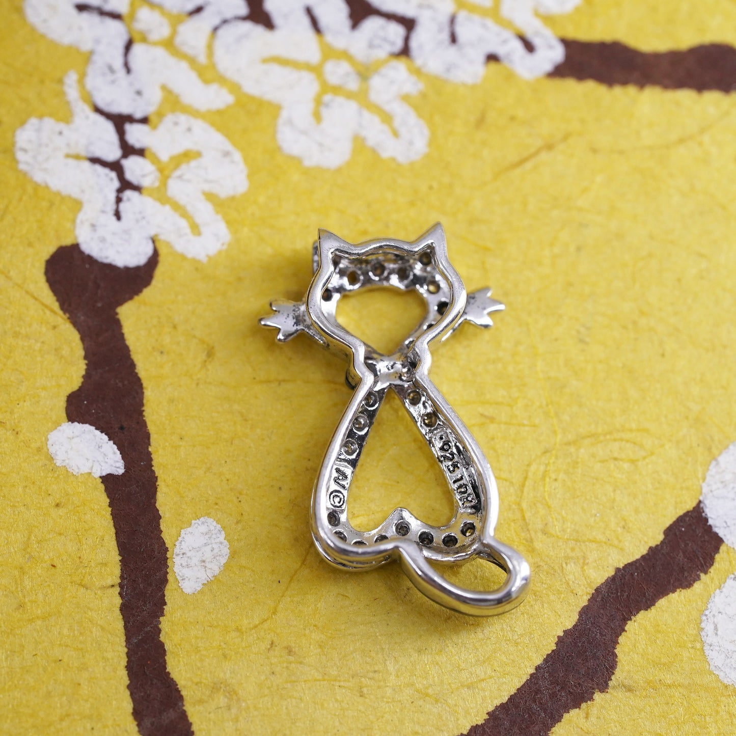 Vintage Sterling silver handmade pendant, 925 cat kitty with diamonds
