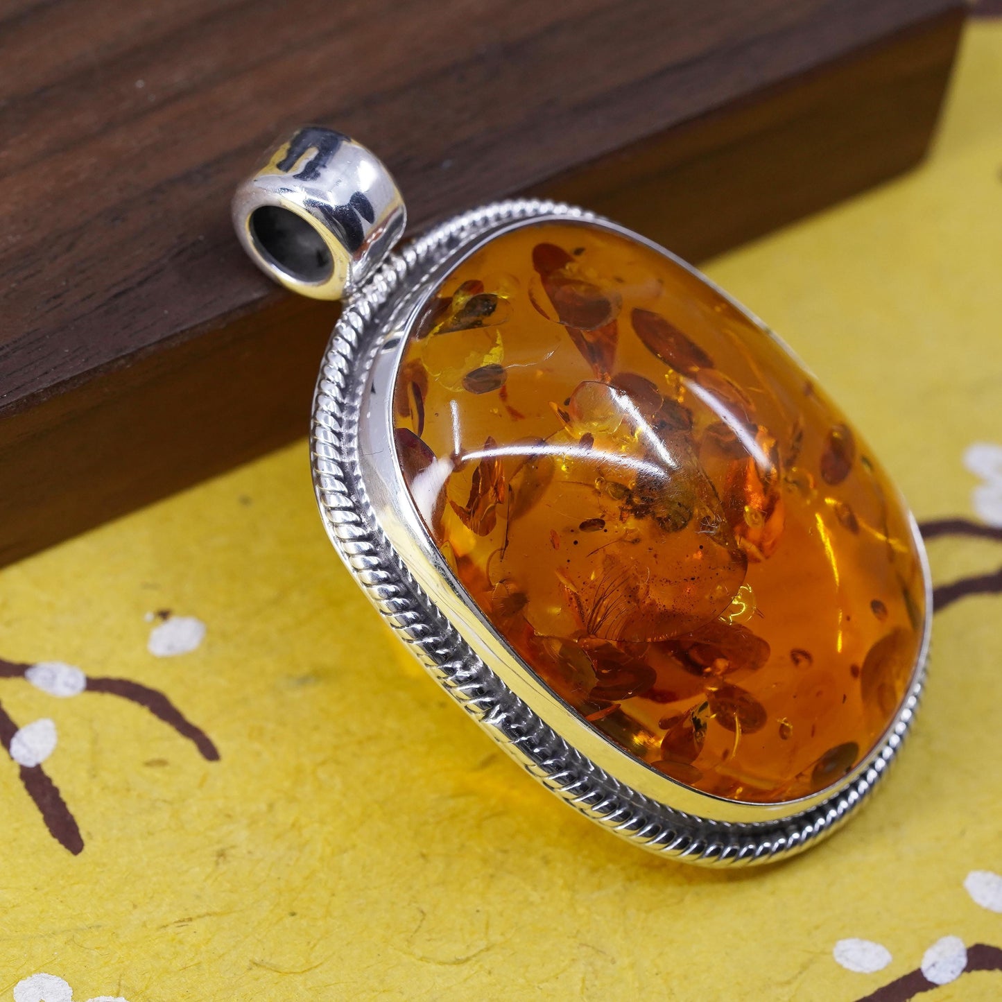 Vintage modern Sterling 925 silver handmade huge pendant with amber pendant