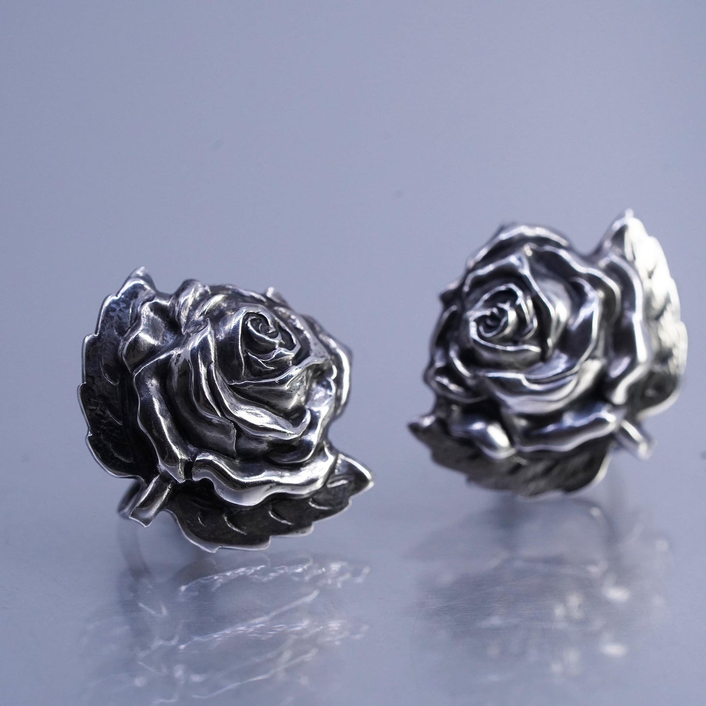 Vintage Sterling 925 silver handmade earrings, flower rose screw back flower