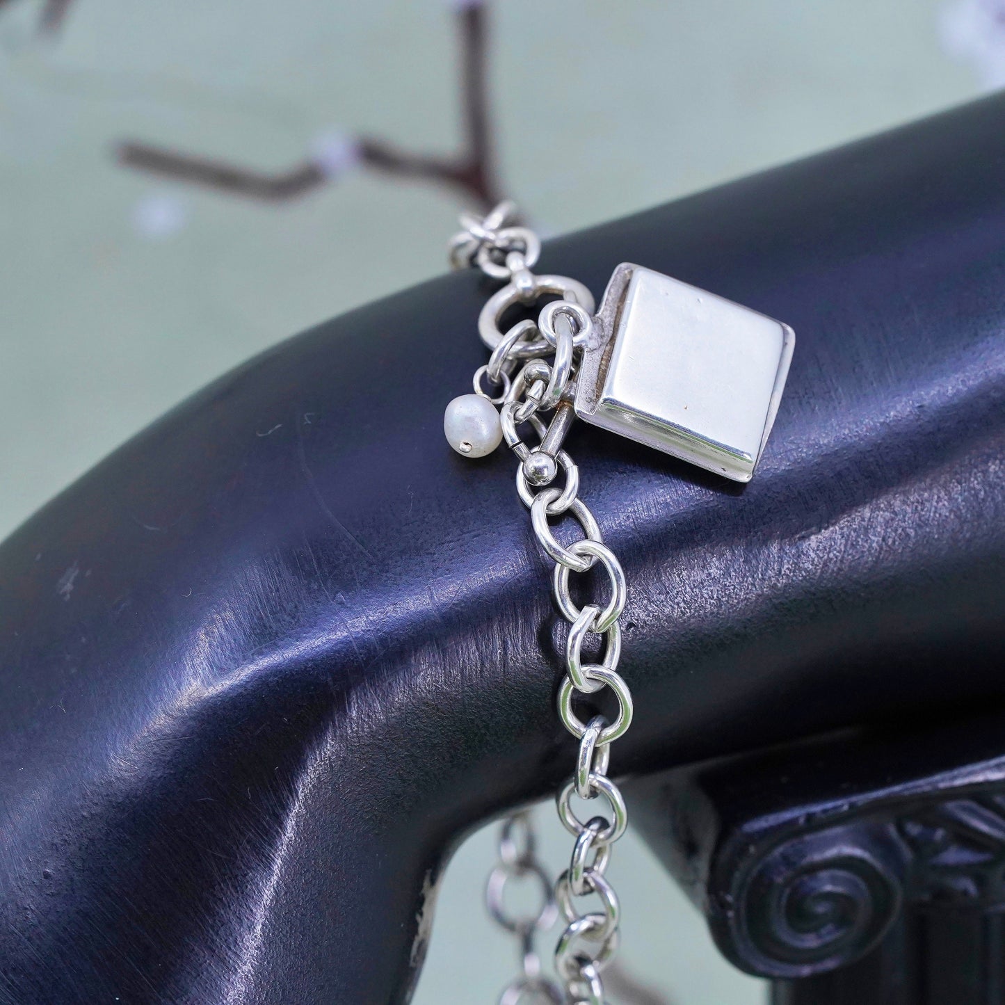 6.75”, Vintage sterling silver circle chain, 925 bracelet square photo charms