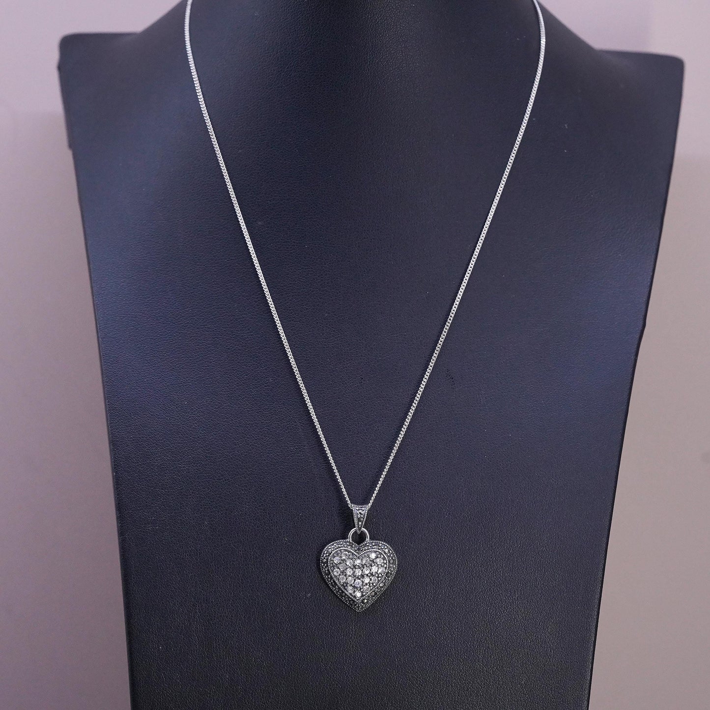 18", VTG Sterling silver necklace, 925 curb chain marcasite cz heart pendant