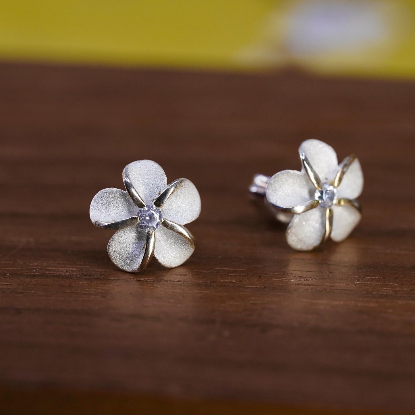 Vintage Sterling silver handmade earrings, 925 plumeria flower studs with cz
