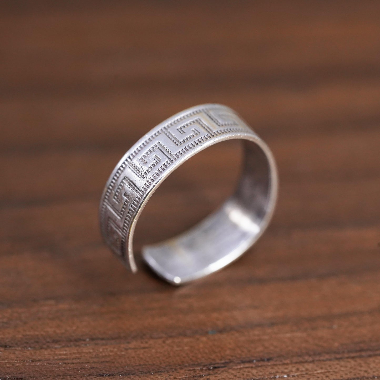 Size 3, Sterling silver handmade ring, 925 Greek key textured band, open end