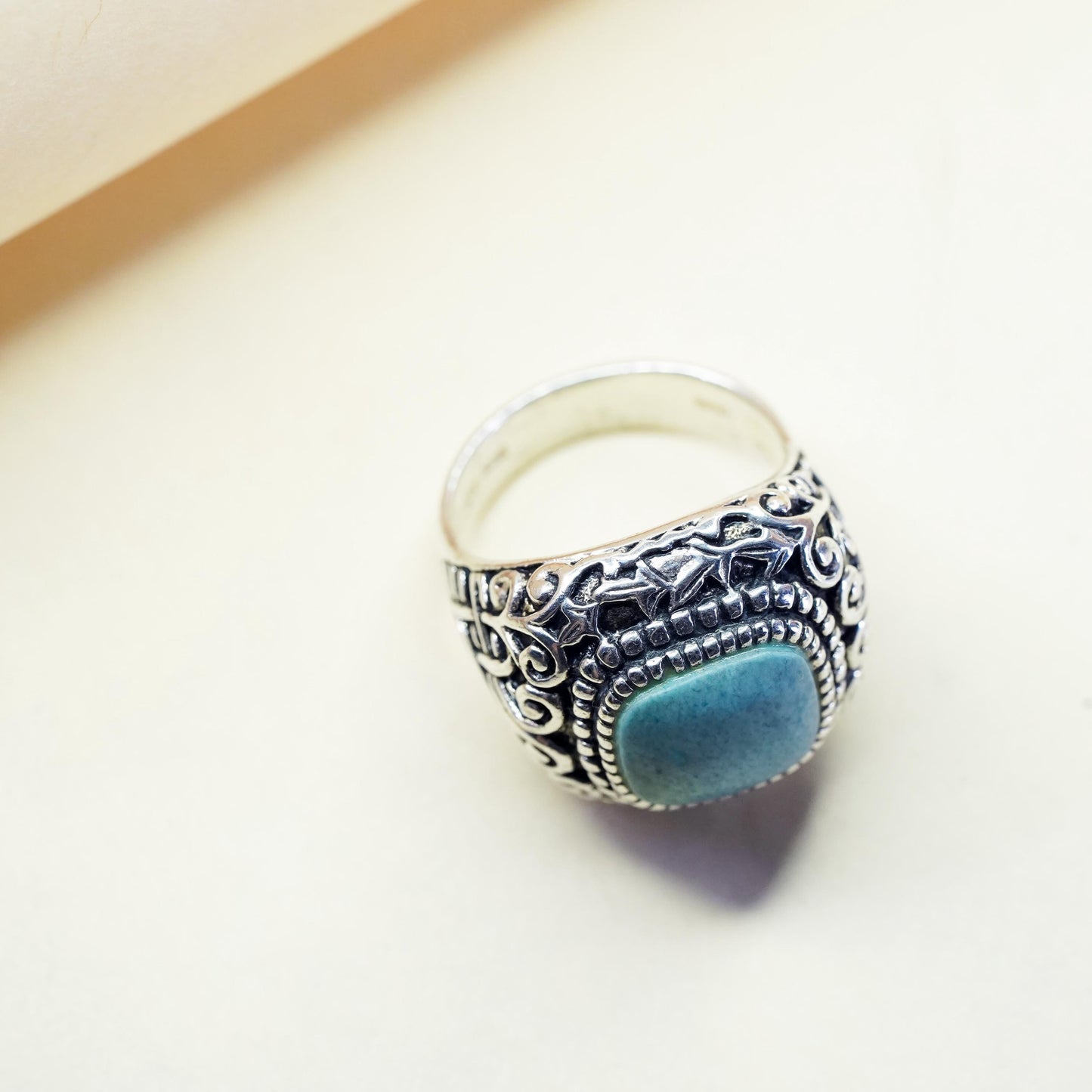 Size 7, Vintage sterling silver ring, 925 statement band with square turquoise