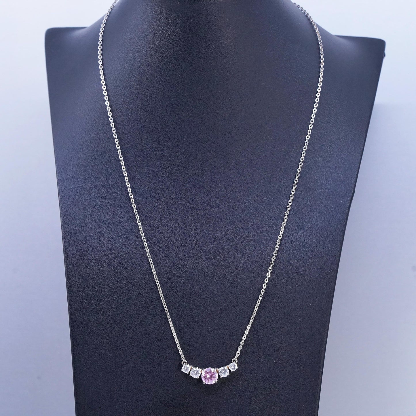 18+3", Vintage sterling 925 silver necklace, rope chain w/ pink crystal pendant