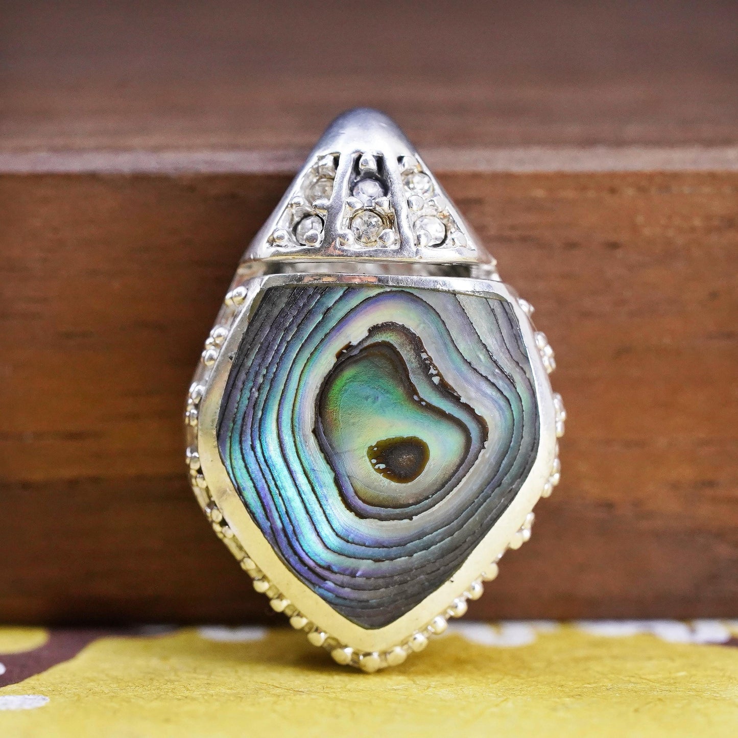 Vintage Sterling silver handmade abalone pendant, 925 photo locket with cz