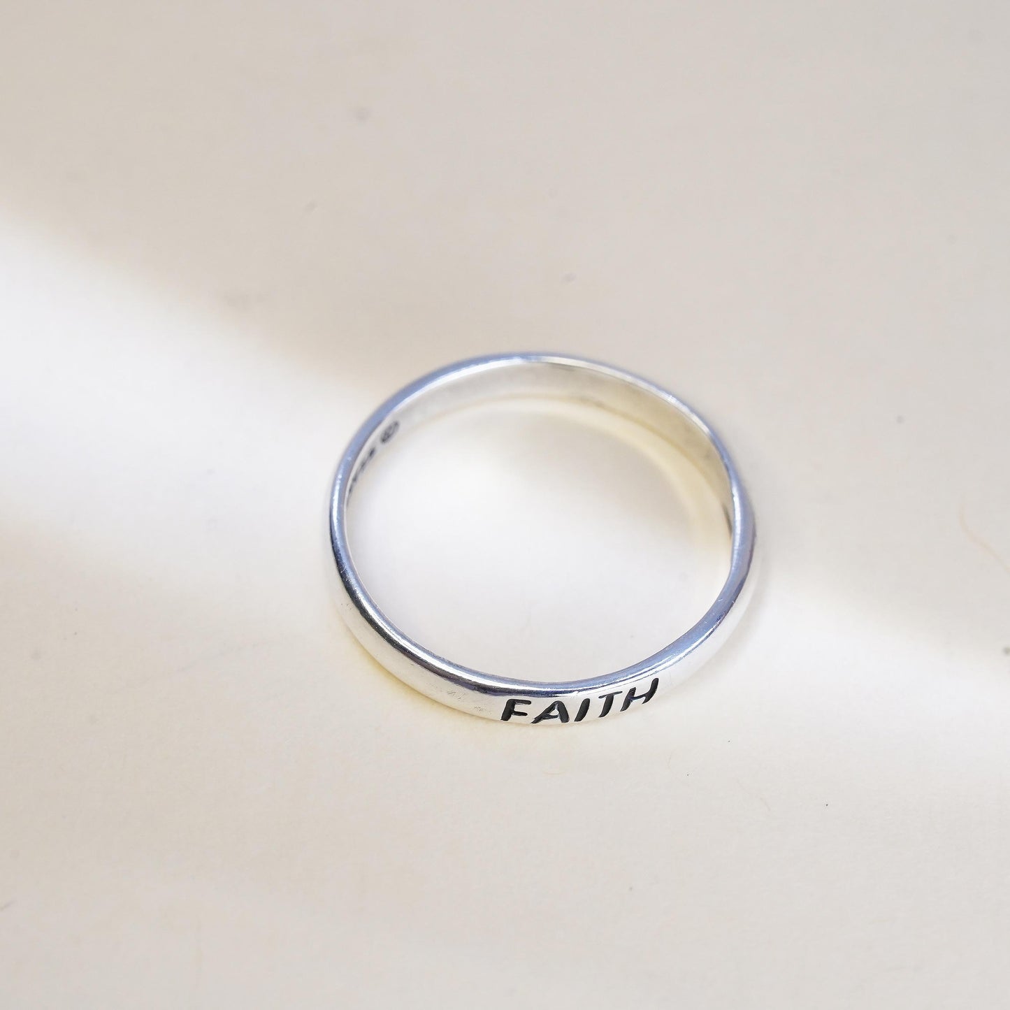 Size 7, vintage Sterling 925 silver handmade Faith ring stackable band