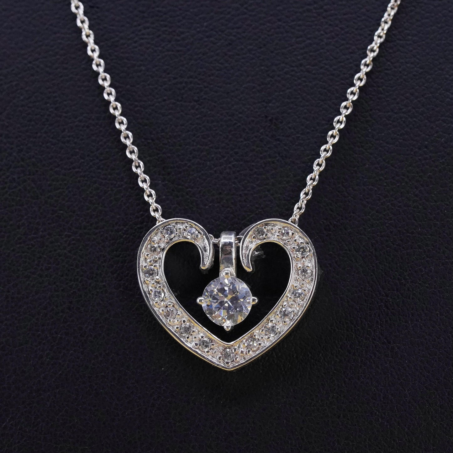 16+2", vintage Sterling silver necklace, 925 circle chain cluster heart pendant