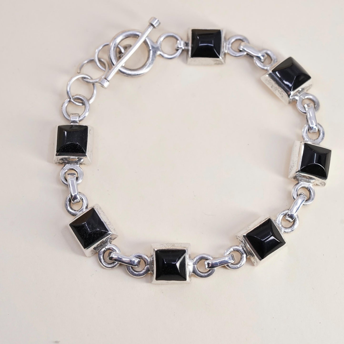 7.75", Vintage Mexican Sterling Silver Black Onyx Bracelet, Square Onyx chain