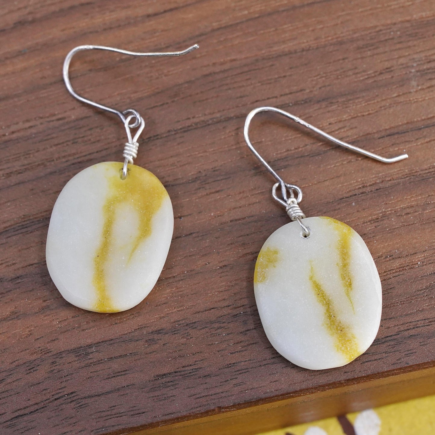 Vintage Sterling 925 silver handmade earrings with oval jade