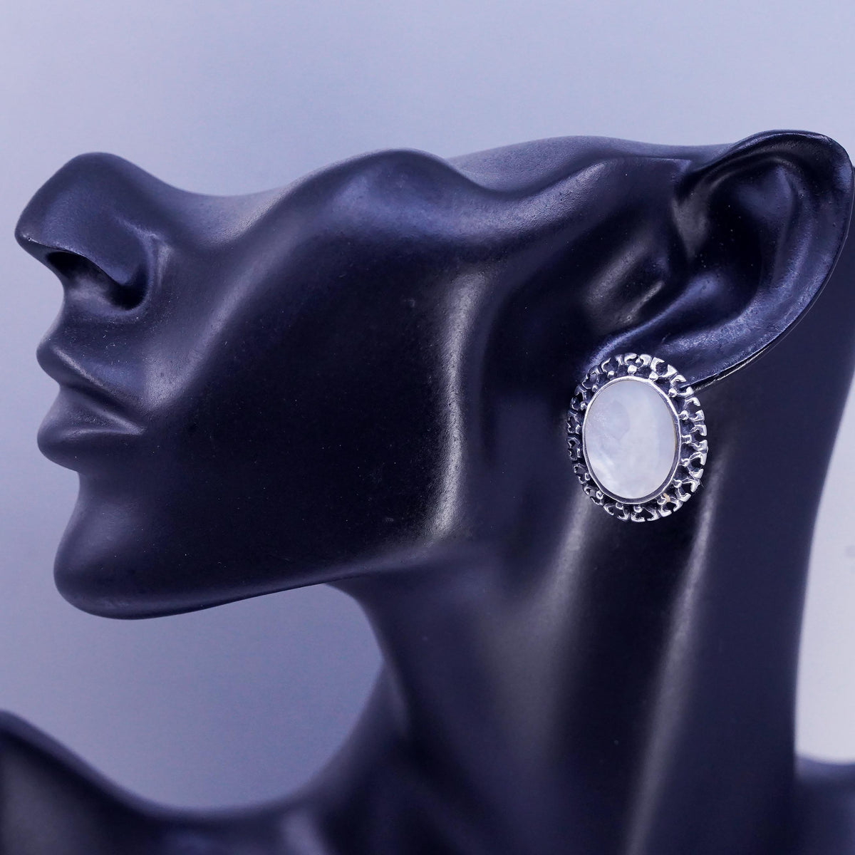 Vintage Sterling 925 silver earrings, oval beaded studs with mother of pearl
