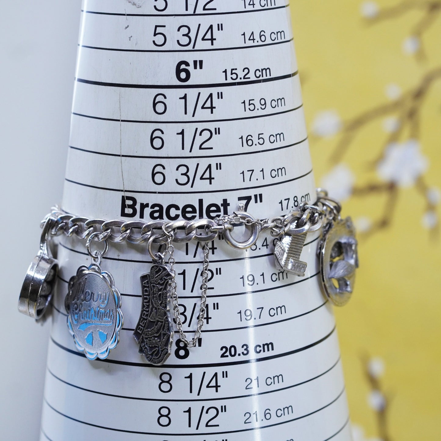 7”, vintage Sterling silver handmade bracelet, 925 curb chain with 15 charms