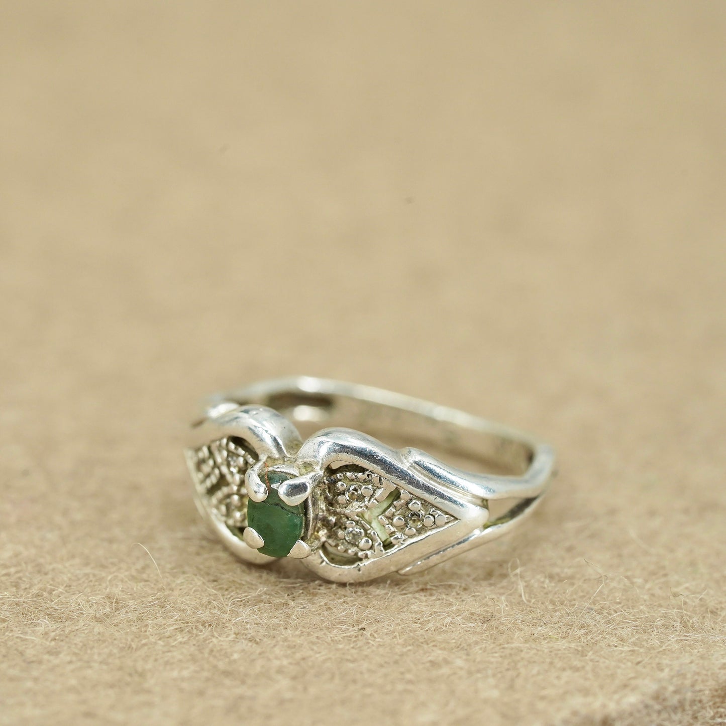 Size 6.5, vintage Sterling 925 silver handmade ring with jade and diamonds