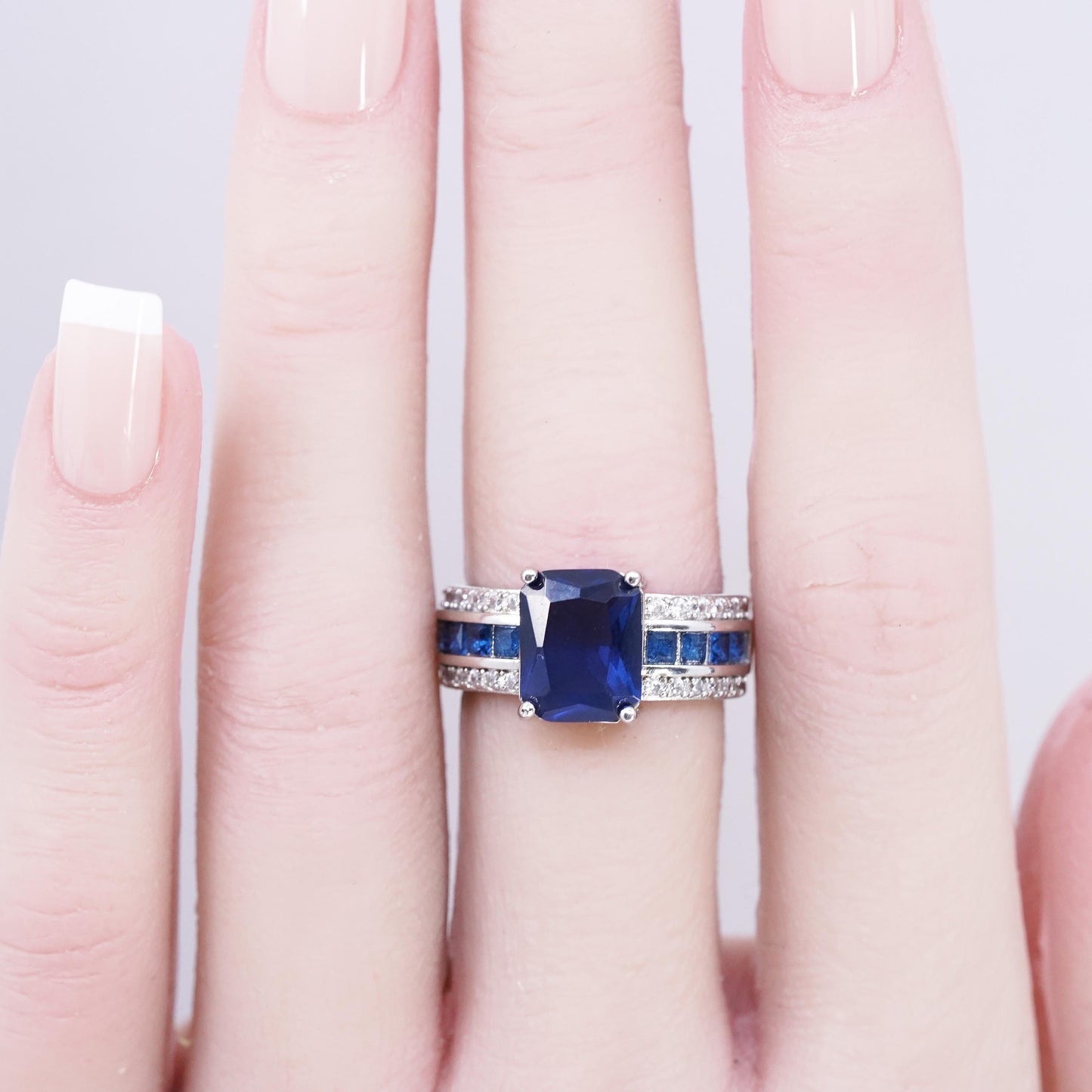 size 6, Sterling Silver Ring, 925 Ring emerald cut blue Sapphire glass cz