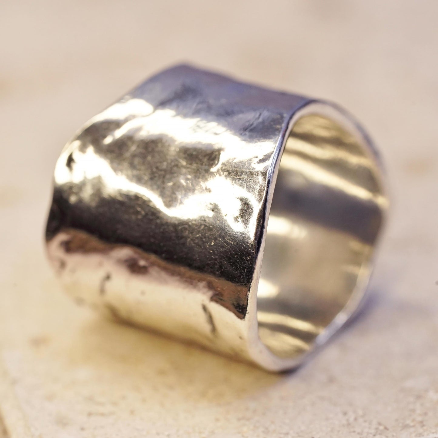 Size 6, vintage Sterling silver handmade ring, modern hammered 925 wide band