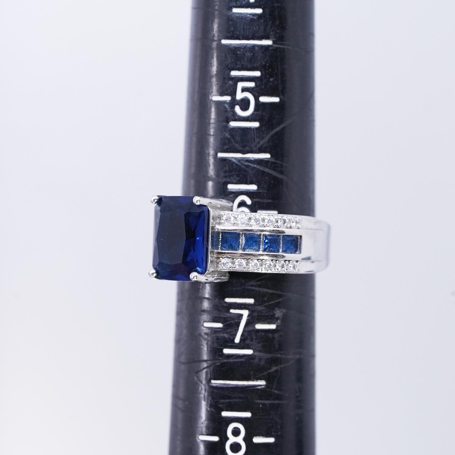 size 6, Sterling Silver Ring, 925 Ring emerald cut blue Sapphire glass cz