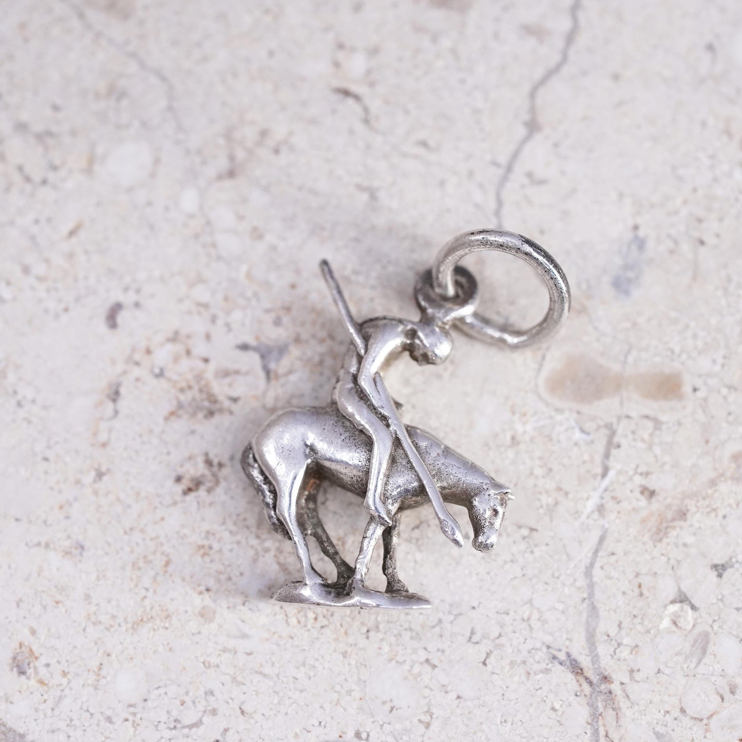 Vintage sterling silver handmade pendant, 925 tired horse and rider charm