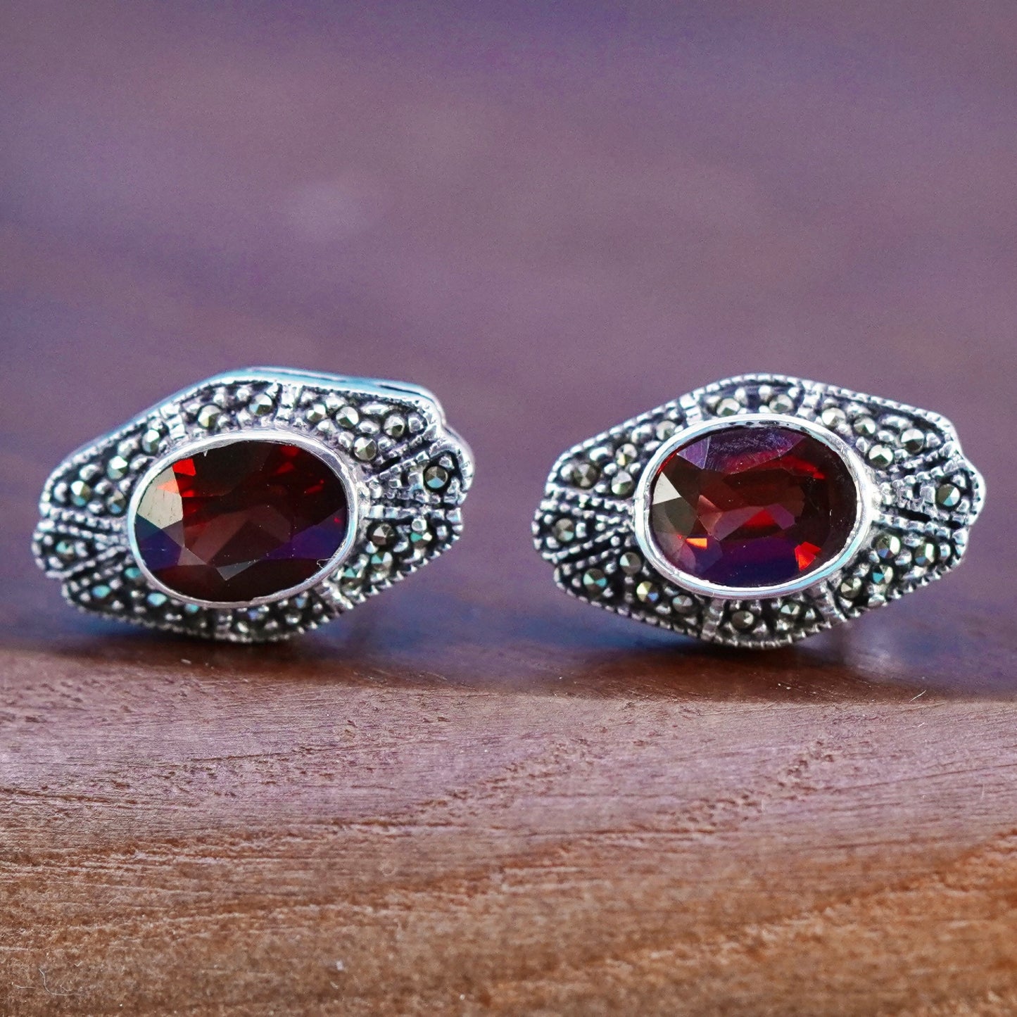 Judith jack sterling silver handmade earrings, 925 studs with ruby marcasite