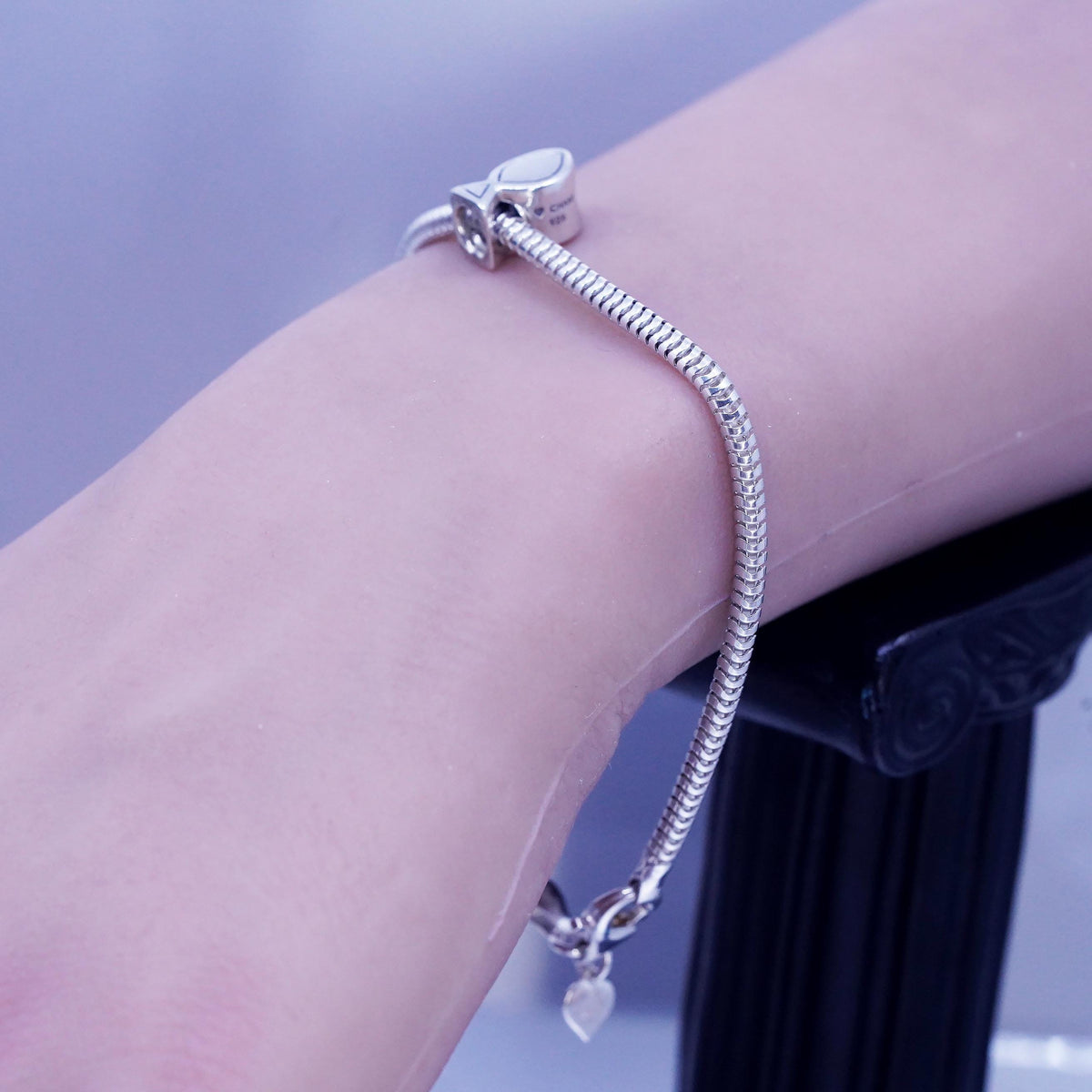7.5" Michael Anthony Sterling 925 silver bracelet, bold snake chain fish charm