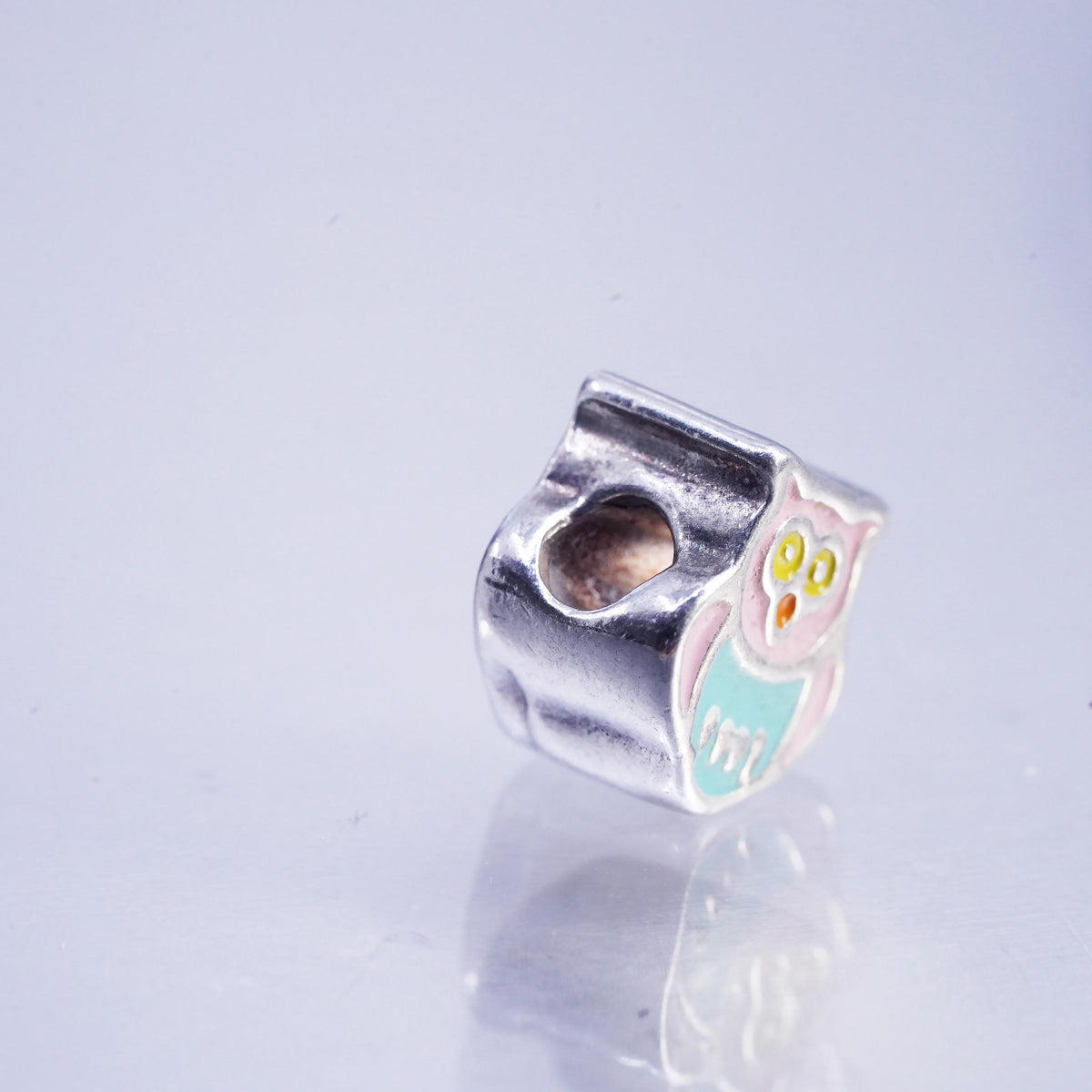 Vintage Italian Sterling silver handmade charm, 925 enamel owl bead