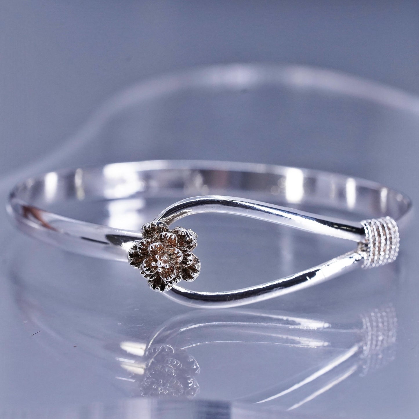 7”, Vintage Sterling 925 silver handmade bracelet, rose flower hinged bangle