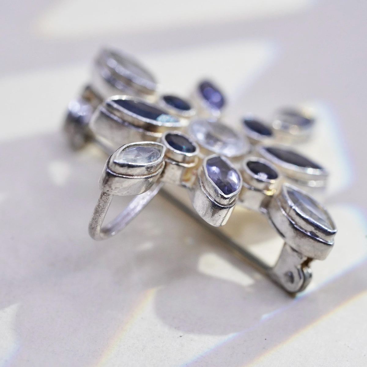 Sterling Silver Moonstone & Iolite Starburst Brooch Pendant, 925 Flower Pin