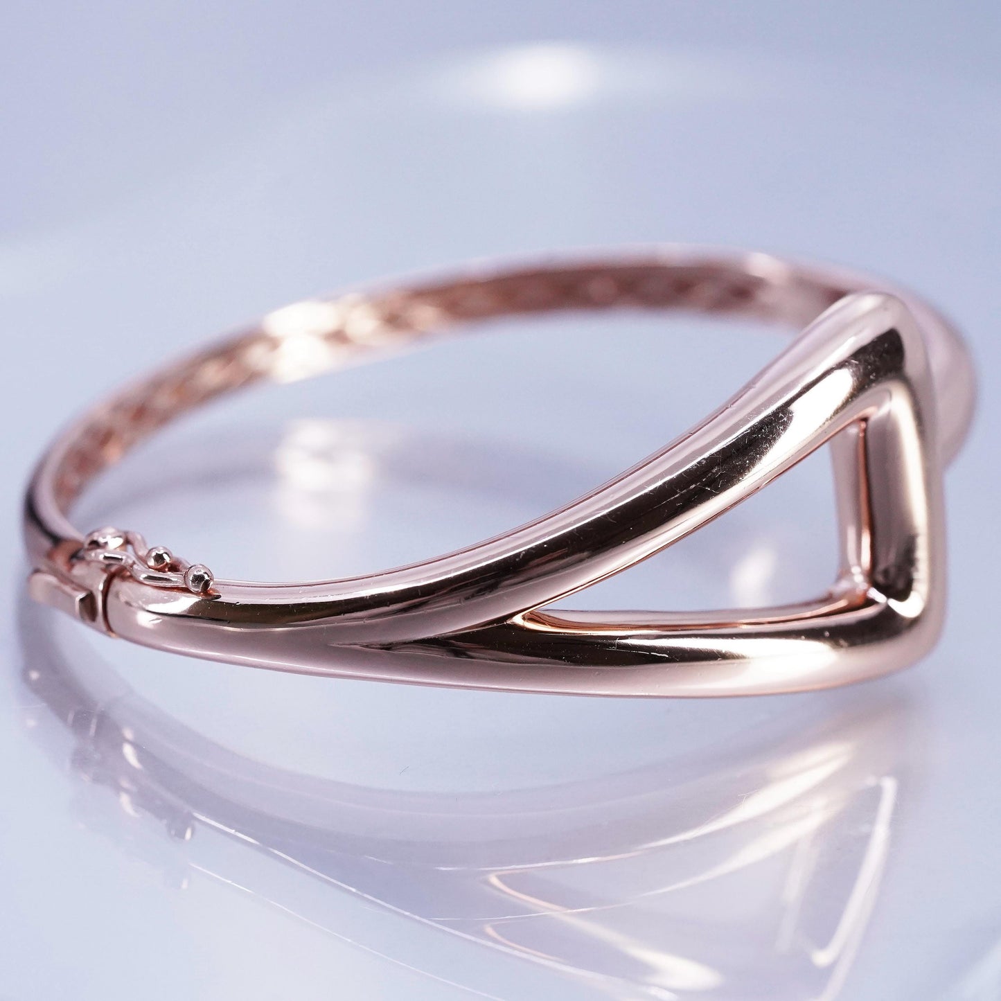 7”, vermeil rose gold Sterling 925 silver bracelet, triangular hinged bangle
