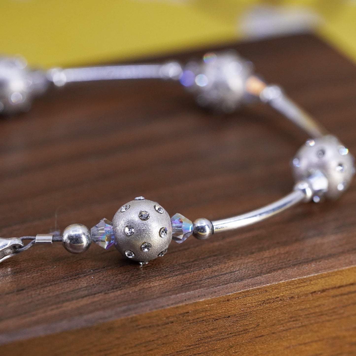 6.5”, Sterling silver beads bracelet, 925 bar chain with pearl crystal beads