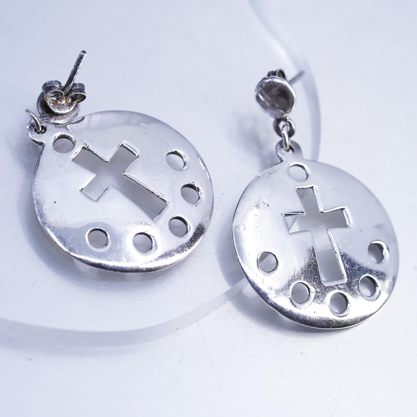 Vintage Sterling 925 silver handmade cross cut out disc earrings