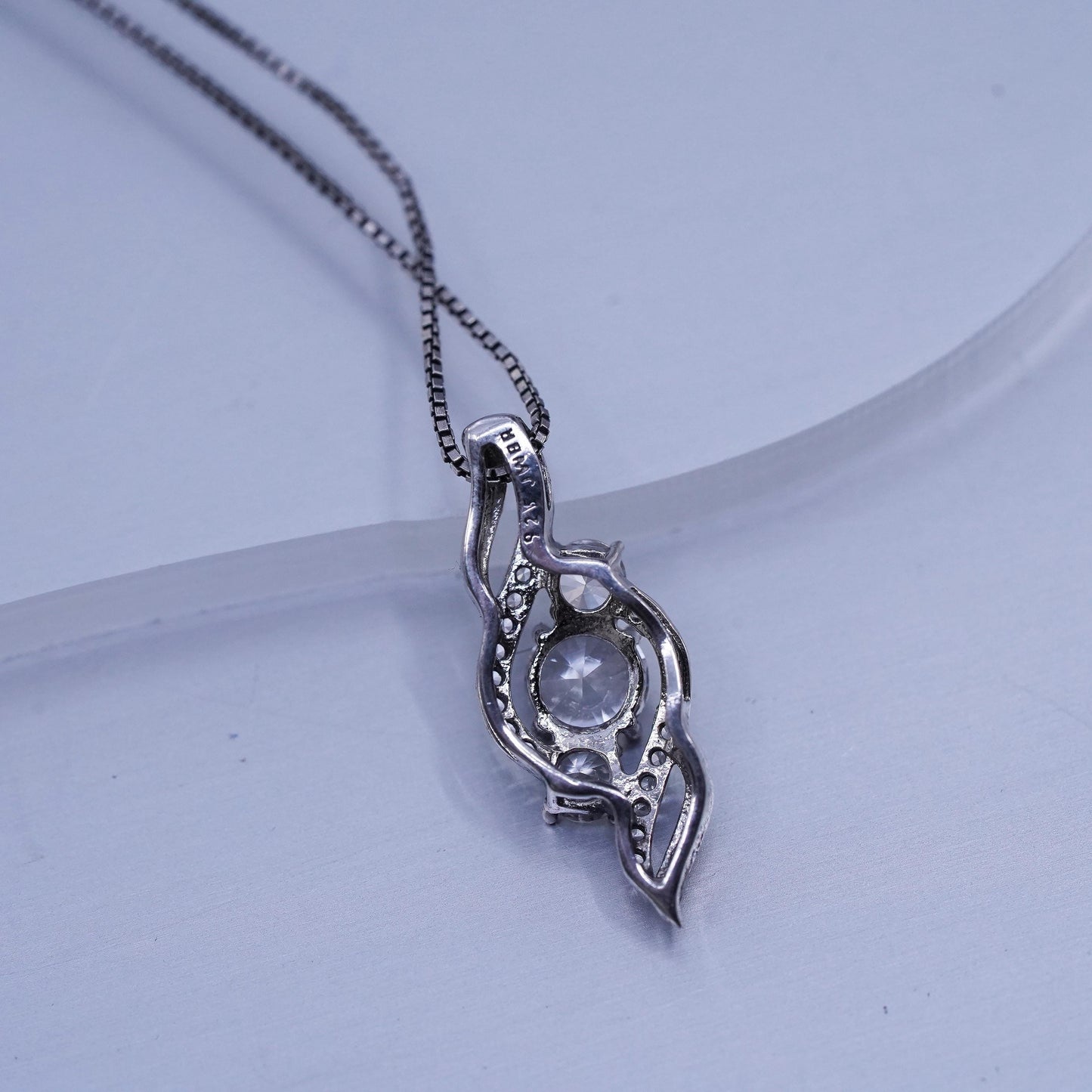18”, vintage Sterling 925 silver handmade box pendant necklace with cz pendant
