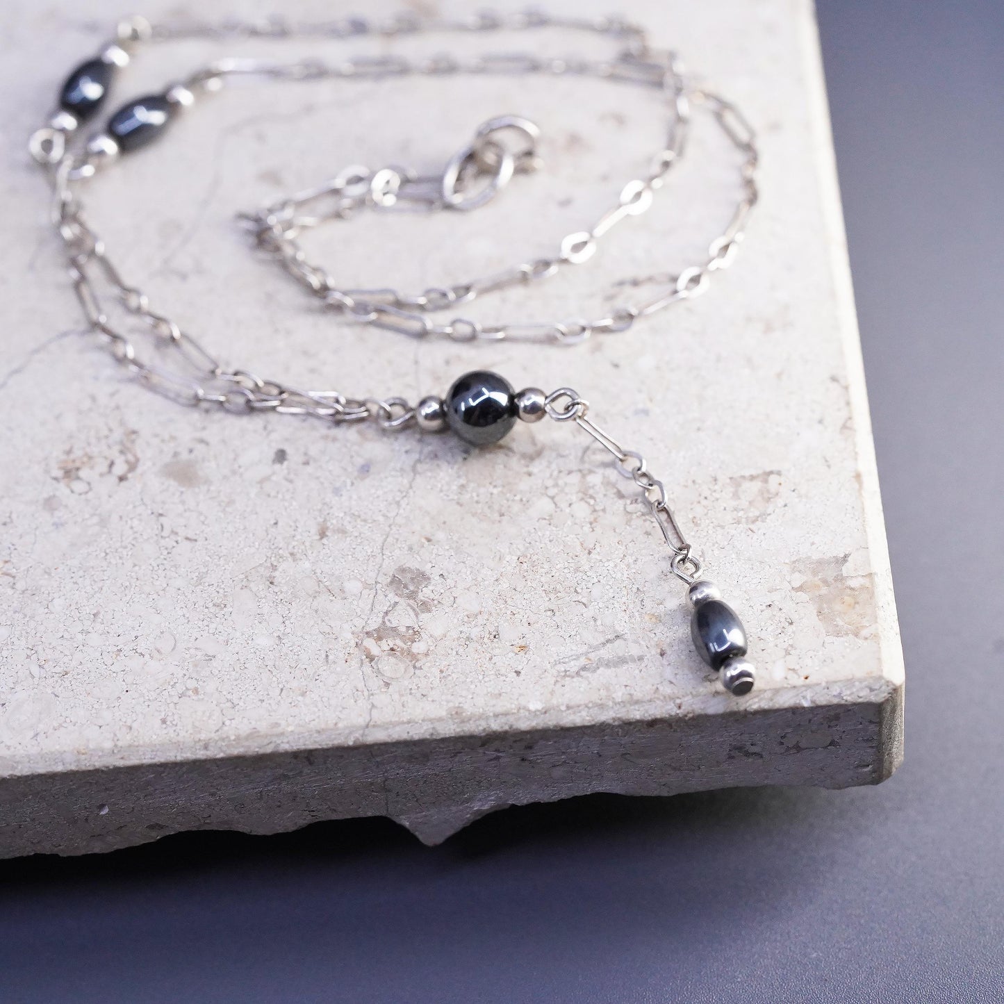 16", vintage Sterling silver necklace, 925 elongated chain hematite beads