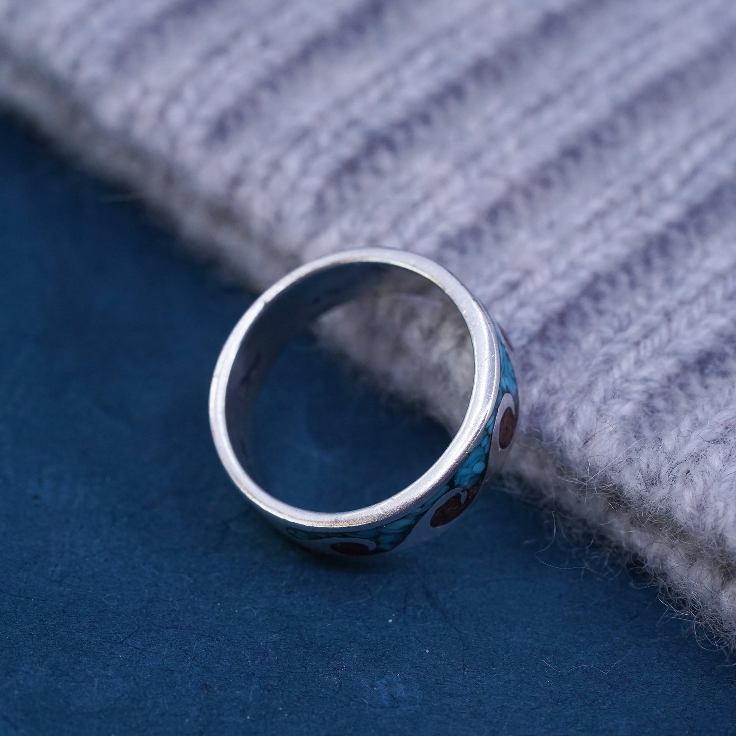 Size 6, zuni sterling silver ring, 925 wave band turquoise coral, southwestern