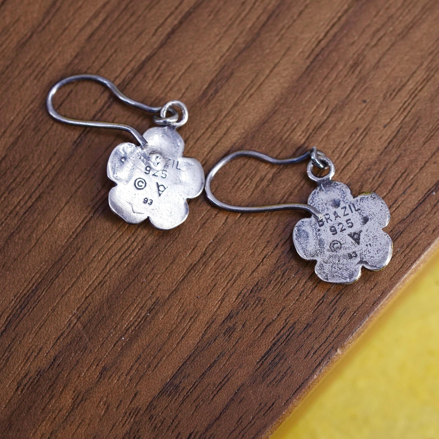 Vintage Brazil sterling 925 silver handmade flower earrings with artisan glass