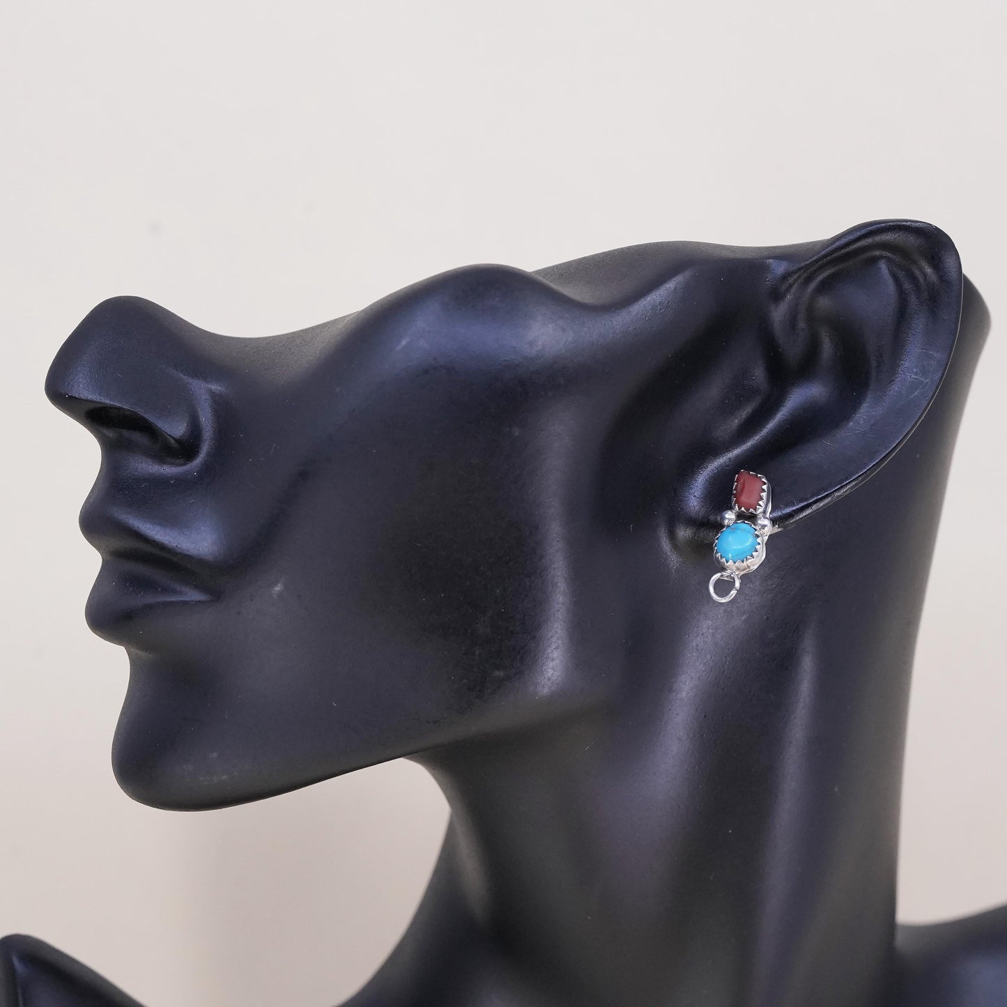 Native American Navajo single earring. Sterling 925 silver teardrop stud coral