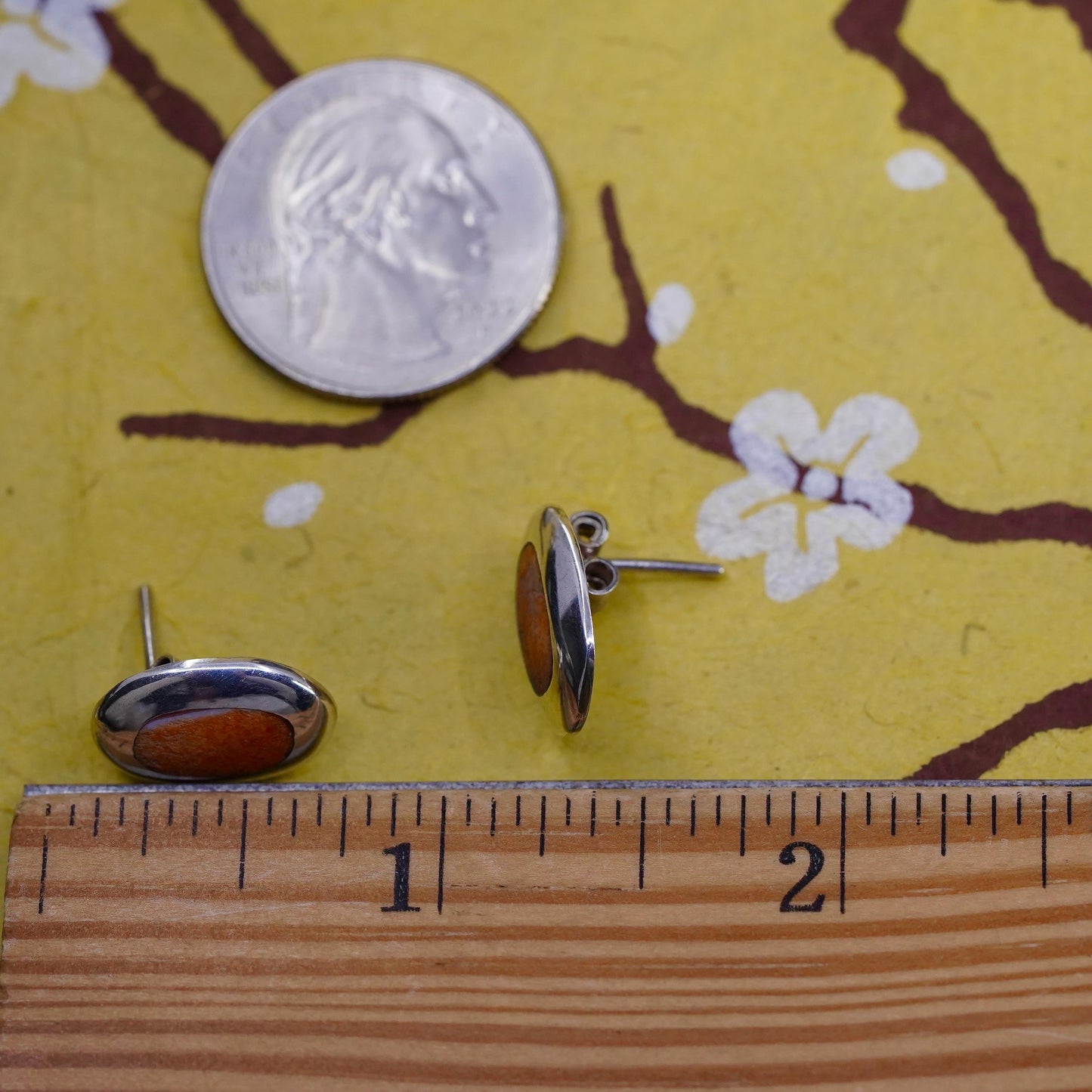 Native American Zuni Sterling silver handmade earrings, 950 studs with coral