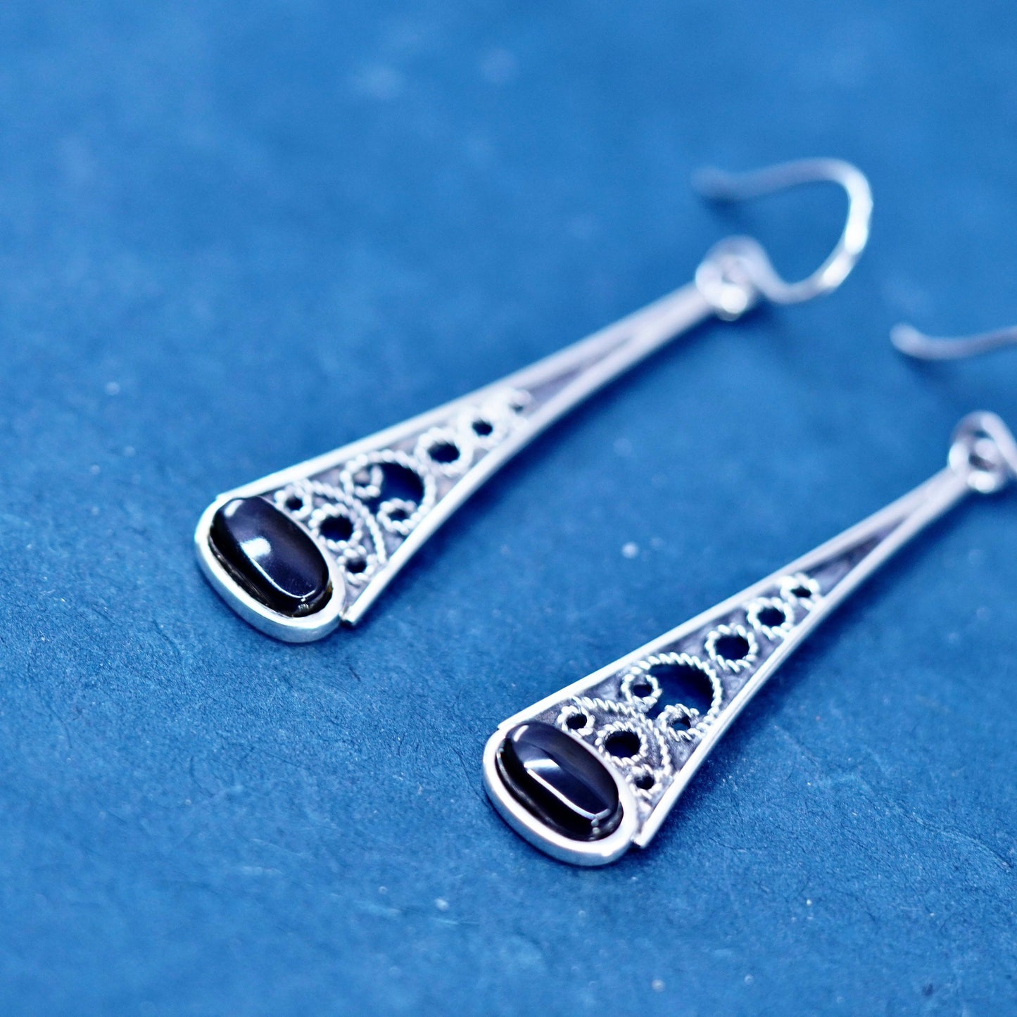 Vintage sterling 925 silver handmade filigree teardrop earrings with obsidian