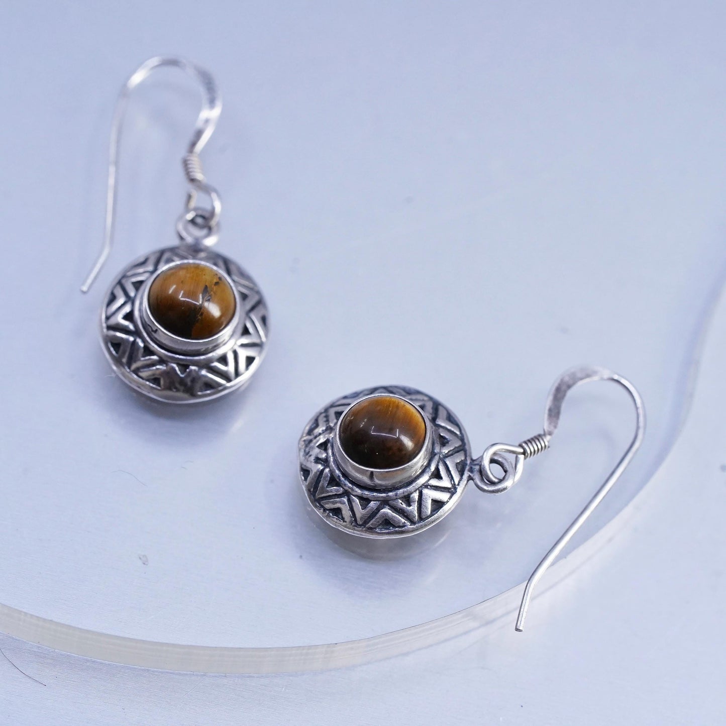 Vintage Sterling Silver Handmade Earrings, 925 Silver with Golden Tiger Eye