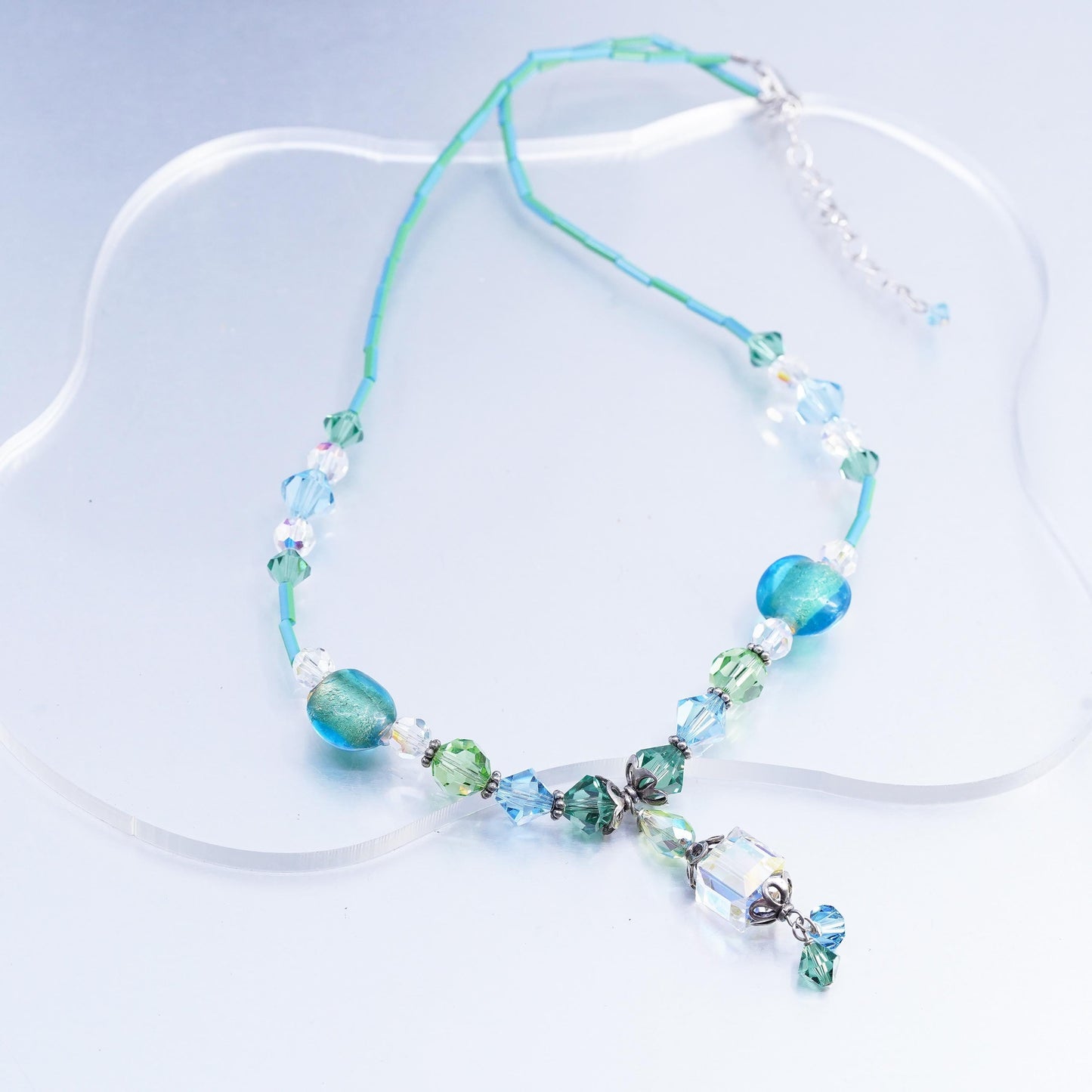 16+2", Vintage Sterling handmade necklace, 925 Silver Clasp W/ green AB Crystal
