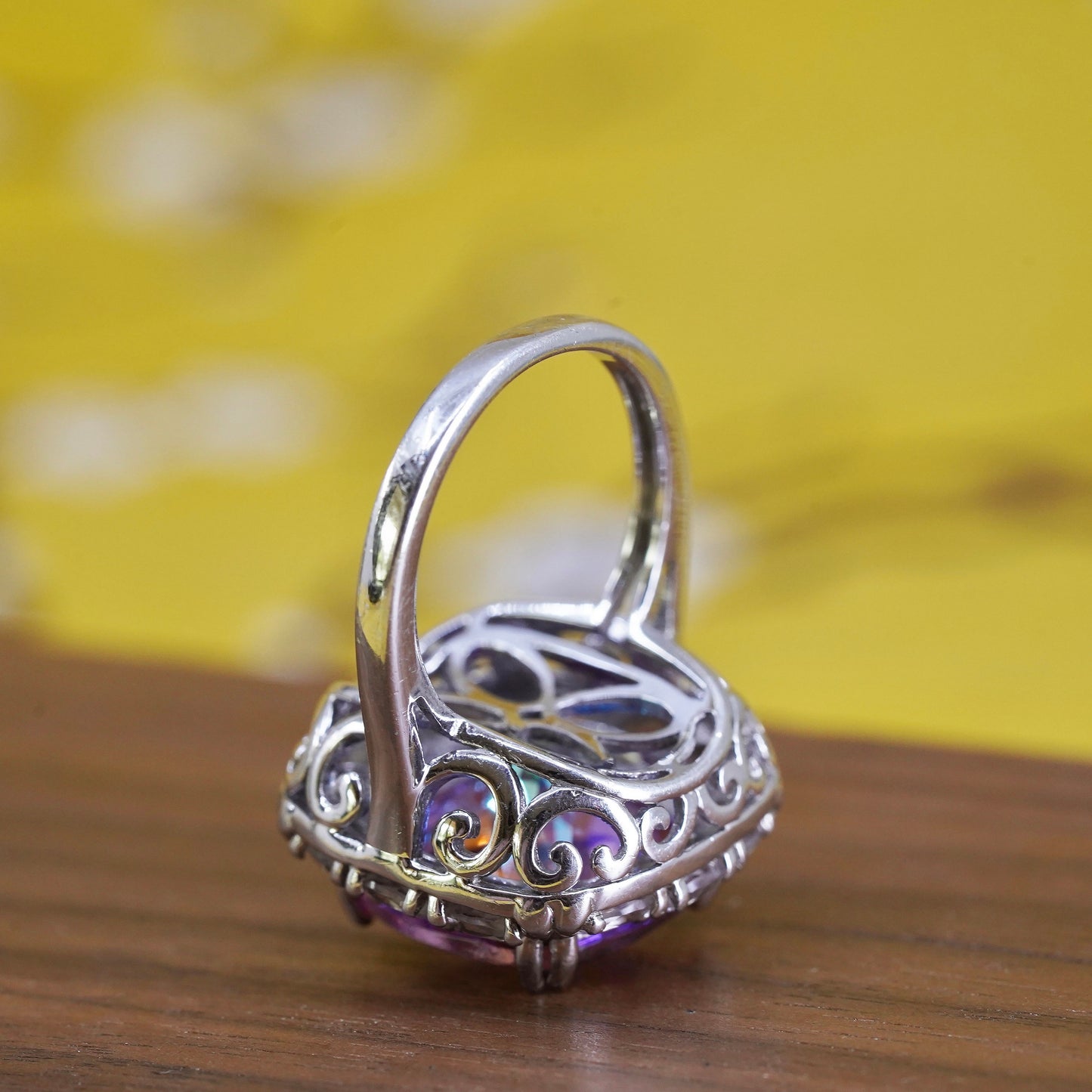 Size 7.75, vintage Sterling 925 silver statement cocktail ring w/ pink crystal