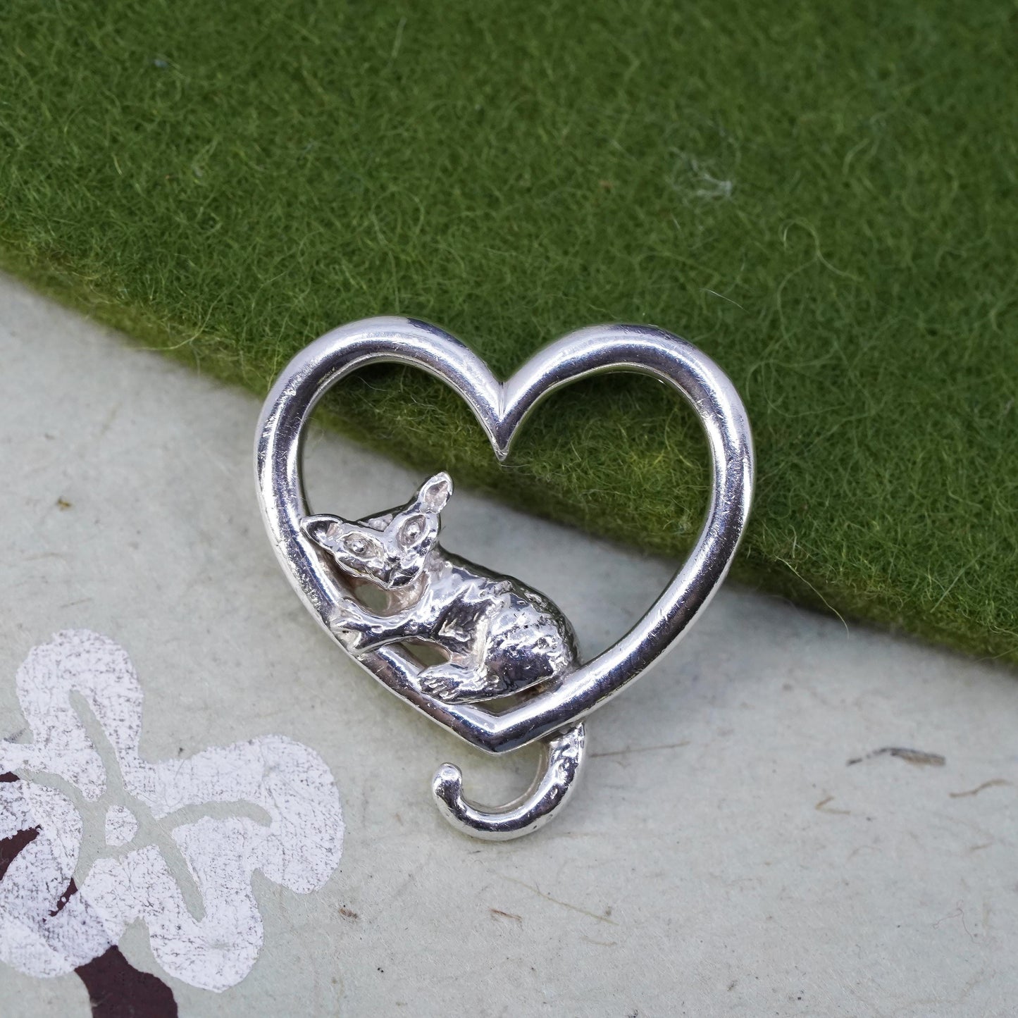 Vintage sterling silver handmade pendant, 925 cat kitty heart