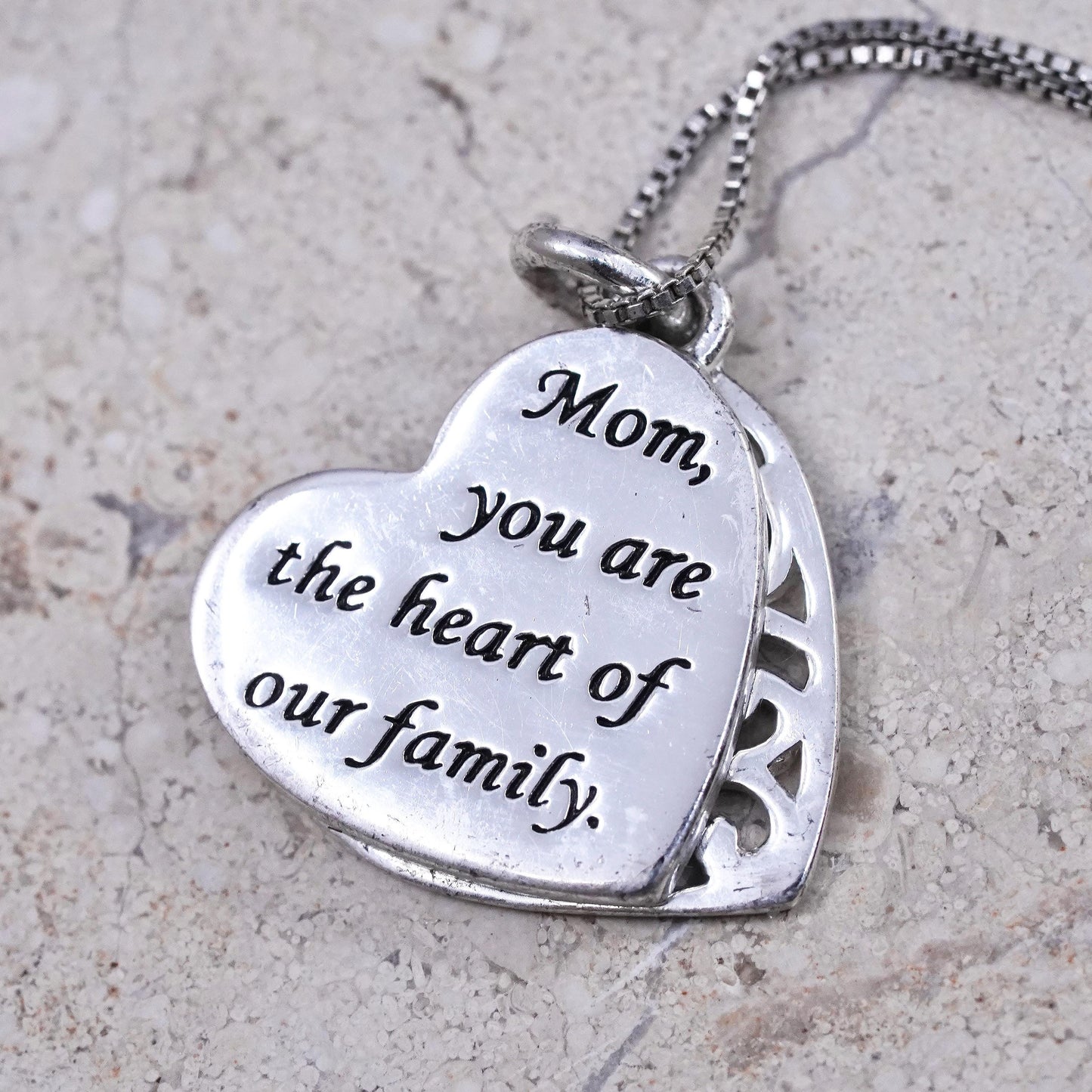 18”, Sterling silver necklace, 925 box chain heart mom you are the heart